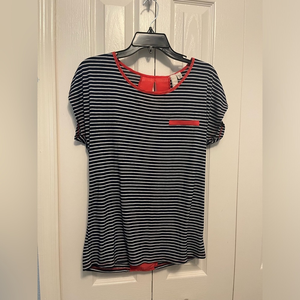 Navy and white striped top. Size medium. With coral detail down back.